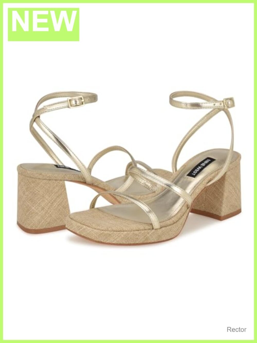 Nine West Heeled Sandals Strappy Square Toe Faux Leather Gold